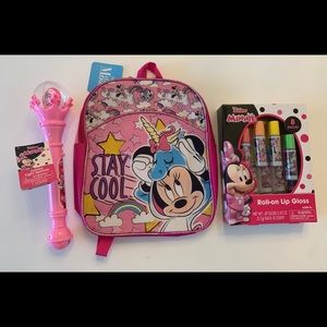 Minnie Mouse back pack, lip gloss,& spinner